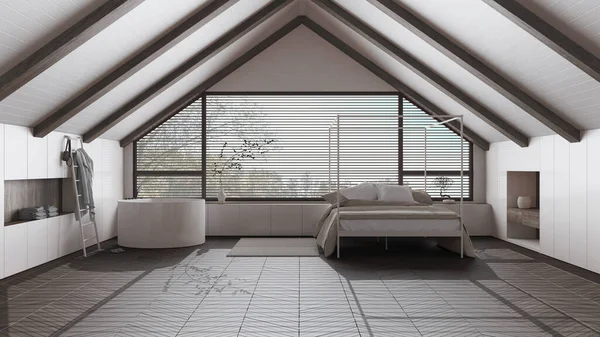 顶楼室内设计 最小的卧室和浴室与倾斜的黑色木制天花板和白色的大全景窗户 日本丑闻的风格 — 图库照片