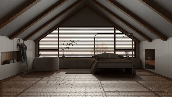 漆黑的夜景 顶楼室内设计 最小的卧室和浴室倾斜的木制天花板和大的全景窗户 日本丑闻的风格 — 图库照片