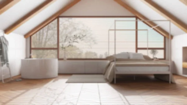 ぼやけた背景 ペントハウスのインテリアデザイン 最小限のベッドルームとバスルーム 木製の天井とパノラマの窓を傾斜 日本風スカンディナヴィア風 — ストック写真