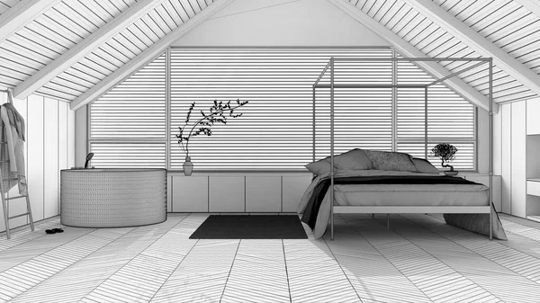Схема Незавершенного Проекта Дизайн Пентхауса Минимальная Спальня Ванная Комната Наклонный — стоковое фото