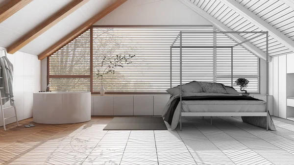 建築家のインテリアデザイナーの概念 本物になる手描きの下書き未完成のプロジェクト ペントハウスのインテリアデザイン 最小限のベッドルームとバスルーム 日本風スカンディナヴィア風 — ストック写真