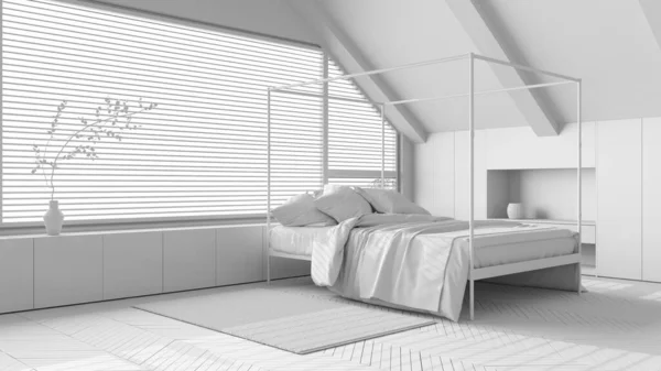 화이트 프로젝트 다락방 디자인 캐노피 침대와 파노라마 최소한의 사기꾼 반디의 — 스톡 사진