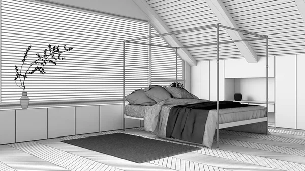 Plan Projektu Projekt Niedokończony Wystrój Wnętrz Poddaszu Minimalna Drewniana Sypialnia — Zdjęcie stockowe