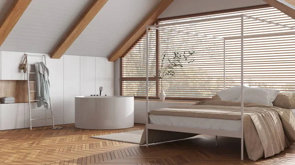 Design Interiores Sótão Quarto Madeira Mínima Casa Banho Com Cama — Fotografia de Stock