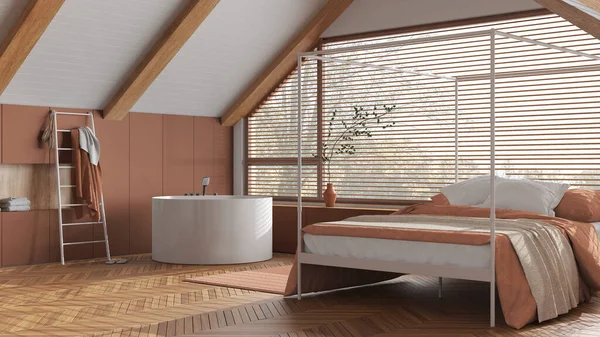 Design Interiores Sótão Quarto Madeira Mínima Casa Banho Com Cama — Fotografia de Stock