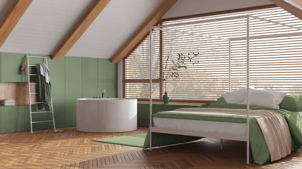 緑と白のトーンでキャノピーベッドとパノラマの窓付きの屋根裏インテリアデザイン 最小限の木製のベッドルームとバスルーム バスタブと装飾品 日本風スカンディナヴィア風 — ストック写真