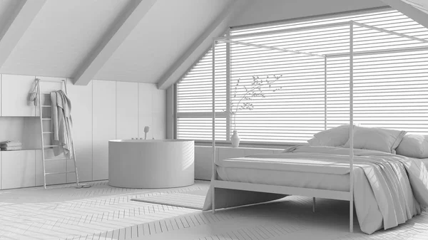 완전히 프로젝트 다락방 디자인 최소한의 덮개가 침대와 파노라마 사물함이요 반디의 — 스톡 사진