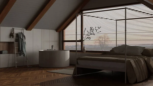 Dark Late Evening Scene Attic Interior Design Minimal Wooden Bedroom — Stock Photo, Image