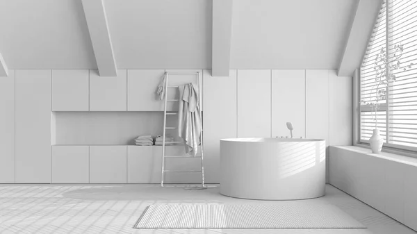 Σύνολο Λευκό Σχέδιο Έργου Σοφίτα Εσωτερική Διακόσμηση Ελάχιστο Ξύλινο Μπάνιο — Φωτογραφία Αρχείου