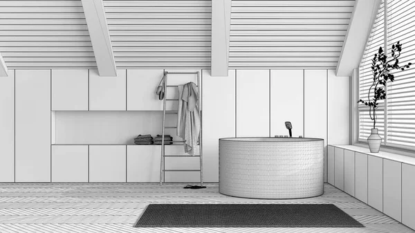 蓝图未完成的项目草稿 阁楼室内设计 最小木制浴室圆形浴缸和全景窗 毛巾和装饰 日本丑闻的风格 — 图库照片