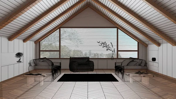 空旷的白色和木制内部 有花篮地板和横梁天花板 定制建筑设计项目 黑色墨水草图 显示最小日式客厅的蓝图 — 图库照片
