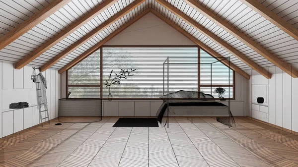 空旷的白色和木制内部 有花篮地板和横梁天花板 定制的建筑设计项目 黑色墨水草图 显示最小日式卧室和浴室的蓝图 — 图库照片