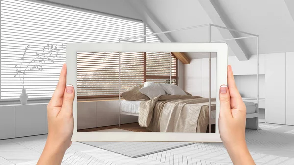 Augmented Reality Konzept Hand Haltenden Tablet Mit Anwendung Verwendet Möbel — Stockfoto