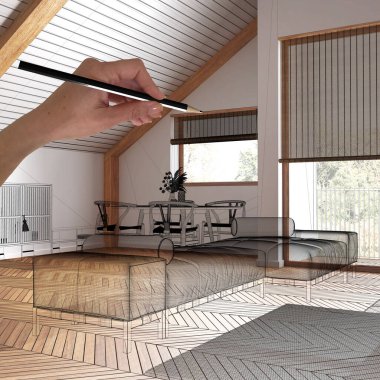 Ahşap parke zemin, el yapımı mimari tasarım, siyah mürekkep çizimi, Japonya 'nın en az oturma ve yemek odasını gösteren plan.