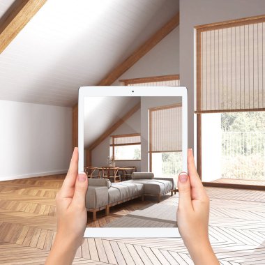 Gelişmiş gerçeklik kavramı. Boş ahşap iç mekanlarda mobilya ve tasarım ürünleri canlandırmak için kullanılan AR uygulamalı el bilgisayarı tableti, japandi en az oturma ve yemek odası