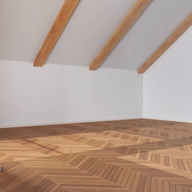 Boş oda iç tasarımı, parke zeminli açık alan, ahşap eğimli tavan, beyaz duvarlar, modern japandi mimari fikri.