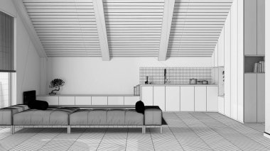 Tamamlanmamış proje taslağı, asgari ahşap mutfak ve eğimli tavanlı oturma odası. Kumaş kanepe ve dolaplar. Japandi İskandinav tarzı, tavan arası iç tasarımı