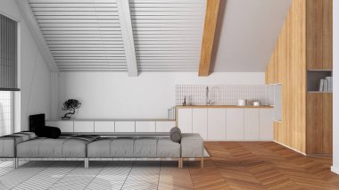 Mimari iç mimar konsepti: elle çizilmiş tamamlanmamış proje gerçek, en az ahşap mutfak ve eğimli tavanlı oturma odası haline geliyor. Japandi İskandinav tarzı