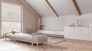 Japandi ahşap oturma odası ve mutfağı bembeyaz parke ile beyazlattı. Kumaş kanepe ve dolaplar. Japandi İskandinav tarzı, tavan arası iç tasarımı