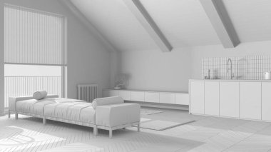 Tamamen beyaz proje taslağı, japandi ahşap oturma odası ve eğimli tavanı ve parkesi olan mutfak. Kumaş kanepe ve dolaplar. Japandi İskandinav tarzı, tavan arası iç tasarımı