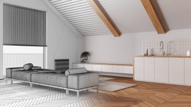 Mimari iç mimar konsepti: Japon ahşap oturma odası ve eğimli tavanlı, elle çizilmiş tamamlanmamış proje. Japandi İskandinav tarzı