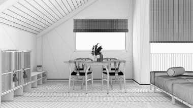 Tamamlanmamış proje taslağı, eğimli tavanı ve penceresi olan minimum ahşap yemek odası. Klasik masa ve sandalyeler. Japandi İskandinav tarzı, tavan arası iç tasarımı