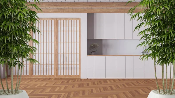 以盆栽竹子为内饰 自然室内设计理念 最小的日本厨房与橱柜 纸滑门 白色建筑概念 — 图库照片