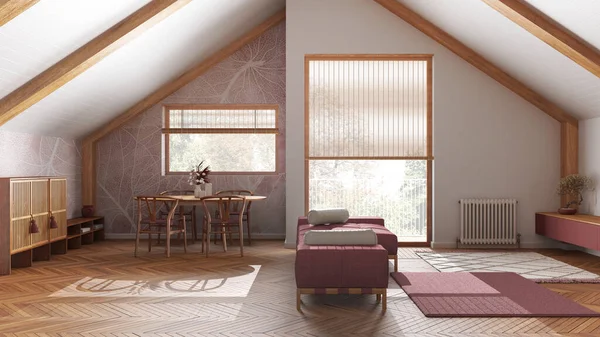 傾斜した天井と白と赤のトーンでウィンドウを持つ最小限の木製のリビングルーム ファブリックソファと装飾 日本のスカンディナヴィア様式 屋根裏部屋のインテリアデザイン — ストック写真