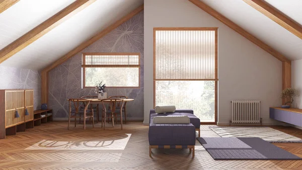 傾斜した天井と白と紫のトーンでウィンドウを持つ最小限の木製のリビングルーム ファブリックソファと装飾 日本のスカンディナヴィア様式 屋根裏部屋のインテリアデザイン — ストック写真