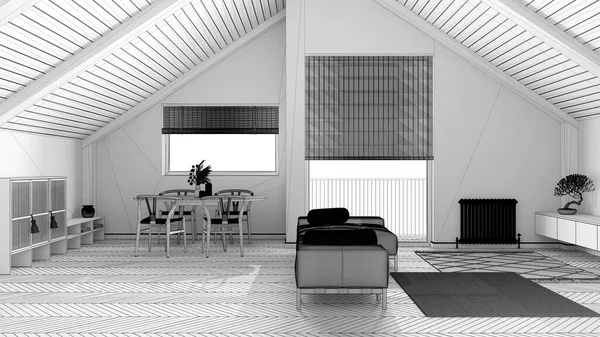 Návrh Nedokončeného Projektu Minimální Dřevěný Obývací Pokoj Skloněným Stropem Oknem — Stock fotografie