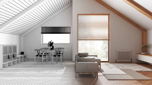 建築家インテリアデザイナーのコンセプト 手描きのドラフト未完成のプロジェクトは 傾斜天井と窓のある本物の 最小限の木製のリビングルームになります 日本風スカンディナヴィア風 — ストック写真