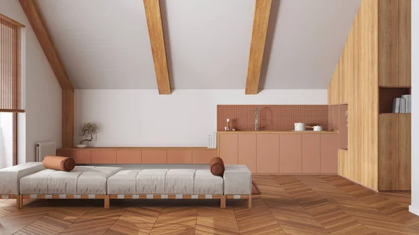 最小的木制厨房和客厅 天花板倾斜 色调为白色和橙色 织物沙发和橱柜 日本风格的丑闻 阁楼室内设计 — 图库照片