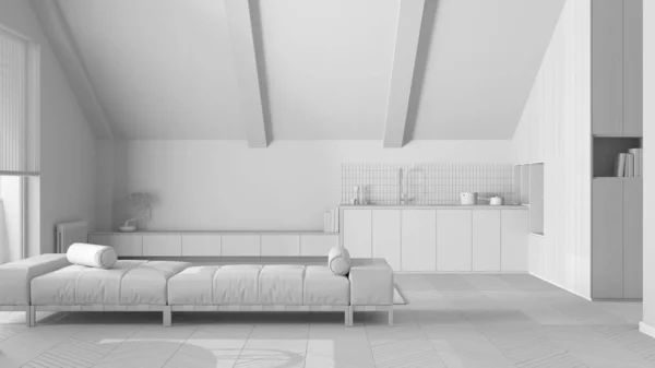 総白のプロジェクトの草案は 傾斜天井と最小限の木製のキッチンとリビングルーム ファブリックソファとキャビネット 日本のスカンディナヴィア様式 屋根裏部屋のインテリアデザイン — ストック写真