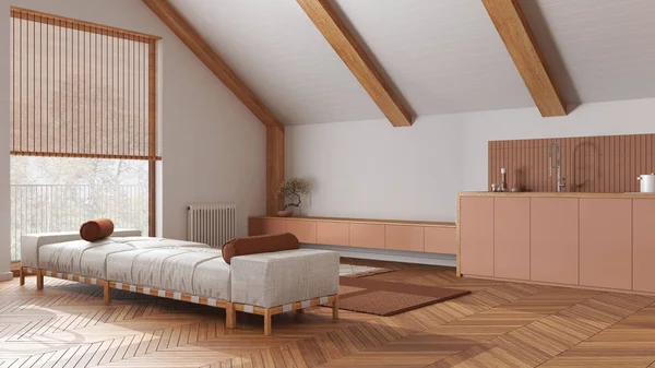 Japandi Wooden Living Room Kitchen Sloping Ceiling Parquet White Orange — Stock Photo, Image