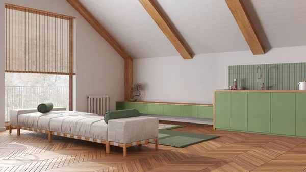 日式木制客厅和厨房 天花板倾斜 有白色和绿色色调的餐点 织物沙发和橱柜 日本风格的丑闻 阁楼室内设计 — 图库照片