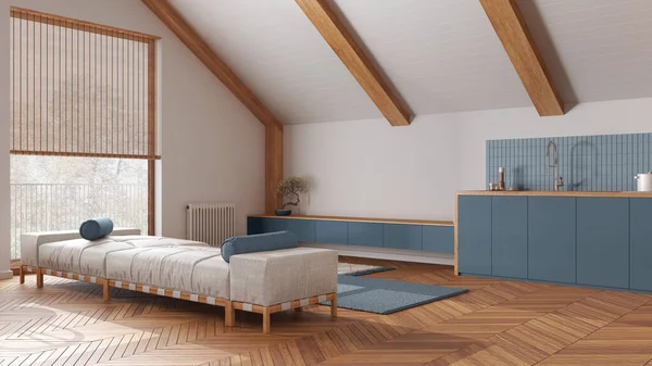 日式木制客厅和厨房 天花板倾斜 有白色和蓝色色调的餐点 织物沙发和橱柜 日本风格的丑闻 阁楼室内设计 — 图库照片