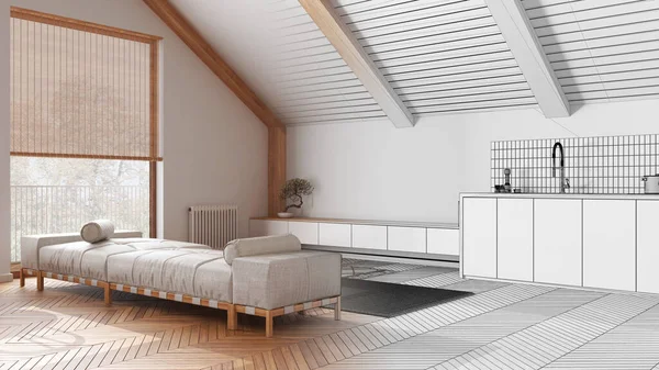 建筑师室内设计理念 手绘草稿完成的工程 成为现实 日本木制客厅和厨房倾斜的天花板 日本丑闻的风格 — 图库照片