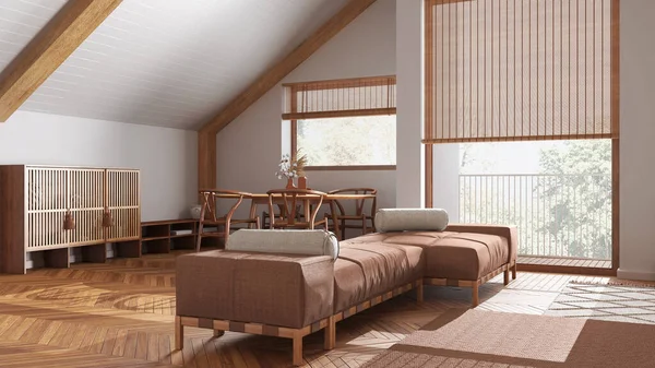 用白色和橙色色调装饰的带有面料沙发的极小的木制客厅 倾斜的天花板和全景窗户 日本风格的丑闻 阁楼室内设计 — 图库照片