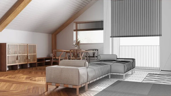 建筑师室内设计理念 手绘草稿未完成的工程 成为真正的 最小的木制客厅与面料沙发和装饰 日本丑闻的风格 — 图库照片
