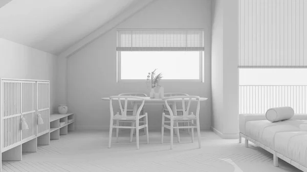 整个白色工程草案 最小的木制餐厅与倾斜的天花板和窗户 经典的桌子和椅子 日本风格的丑闻 阁楼室内设计 — 图库照片