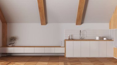 Minimum ahşap mutfak, eğimli tavan ve beyaz tonlu ringa kemiği parke. Dolaplar ve aletler. Japandi İskandinav tarzı, tavan arası iç tasarımı