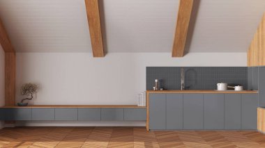 Minimum ahşap mutfak, eğimli tavan ve ringa kemiği parke beyaz ve gri tonlarda. Dolaplar ve aletler. Japandi İskandinav tarzı, tavan arası iç tasarımı