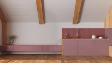 Asgari ahşap mutfak, eğimli tavan ve ringa kemiği parke beyaz ve kırmızı tonlarda. Dolaplar ve aletler. Japandi İskandinav tarzı, tavan arası iç tasarımı