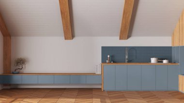 Minimum ahşap mutfak, eğimli tavan ve ringa kemiği parke beyaz ve mavi tonlarda. Dolaplar ve aletler. Japandi İskandinav tarzı, tavan arası iç tasarımı