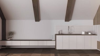 Asgari koyu ahşap mutfak, eğimli tavan ve beyaz tonlarda ringa kemiği parke. Dolaplar ve aletler. Japandi İskandinav tarzı, tavan arası iç tasarımı