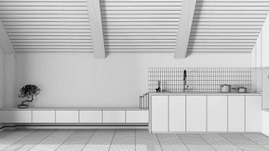 Tamamlanmamış proje taslağı, eğimli tavanlı asgari ahşap mutfak ve herringbone parke. Dolaplar ve aletler. Japandi İskandinav tarzı, tavan arası iç tasarımı