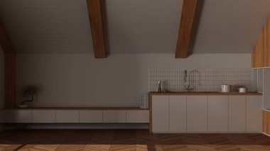 Karanlık gece sahnesi, az ahşap mutfak eğimli tavan ve ringa kemiği parke. Dolaplar ve aletler. Japandi İskandinav tarzı, tavan arası iç tasarımı