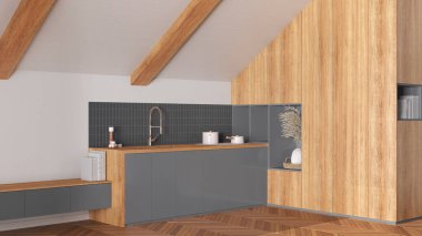 Tavan arası iç tasarımı, eğimli ahşap tavanlı asgari mutfak ve beyaz ve gri tonlu meşe parke zemin. Dolaplar ve aletler. Japandi İskandinav tarzı