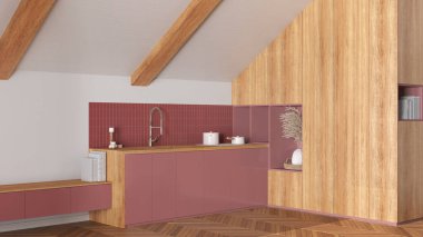 Tavan arası tasarımı, eğimli ahşap tavanlı asgari mutfak ve beyaz ve kırmızı tonlu meşe parke zemin. Dolaplar ve aletler. Japandi İskandinav tarzı