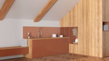 Tavan arası iç tasarımı, eğimli ahşap tavanlı asgari mutfak ve beyaz ve turuncu tonlu meşe parke zemin. Dolaplar ve aletler. Japandi İskandinav tarzı